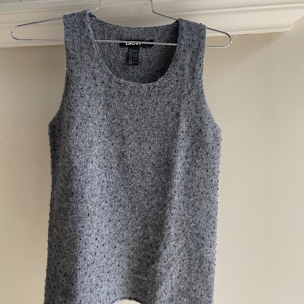 DKNY Lambswool/Angora Knit tank in Grey with bugle Beads throughout Size S